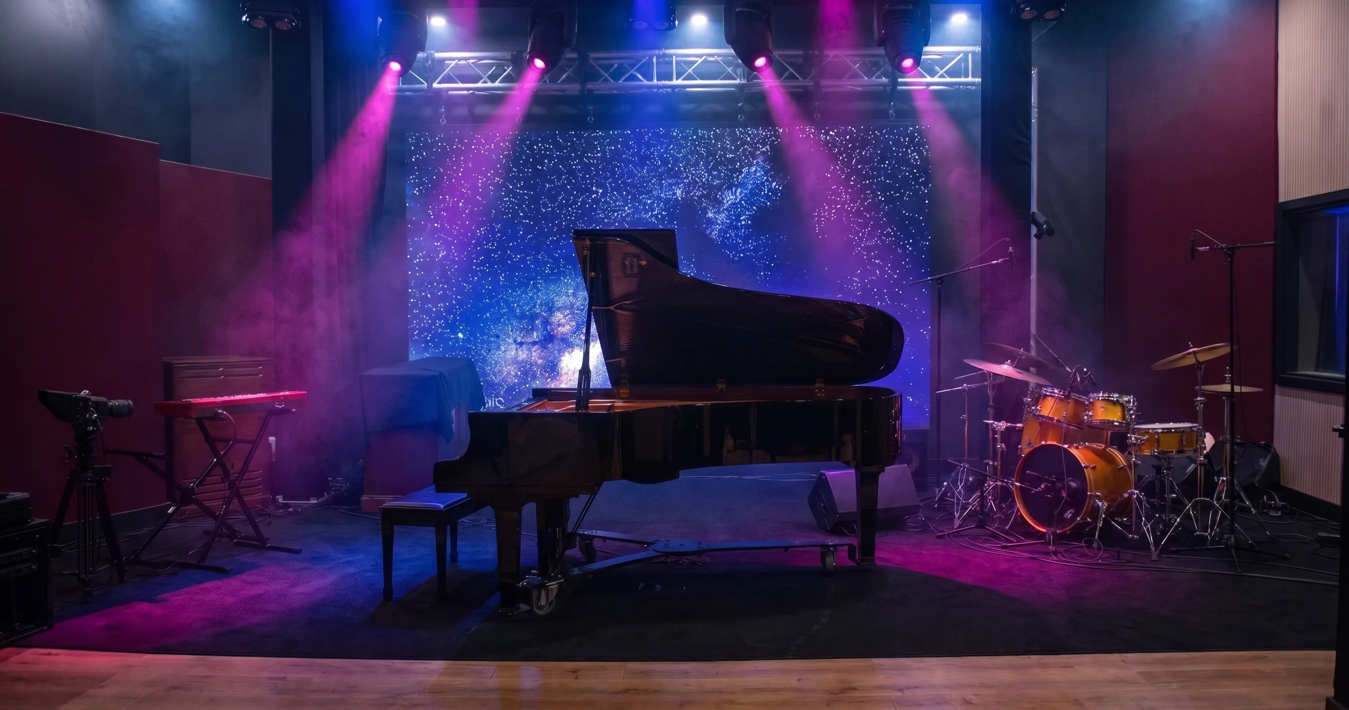 The live room at The Recording Club with grand piano and drum kit under projection lighting